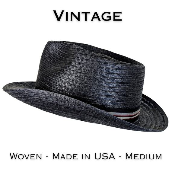 VTG Haband Black Straw Fedora Hat Medium 22" Gray Striped Hatband Made in USA - Picture 1 of 11